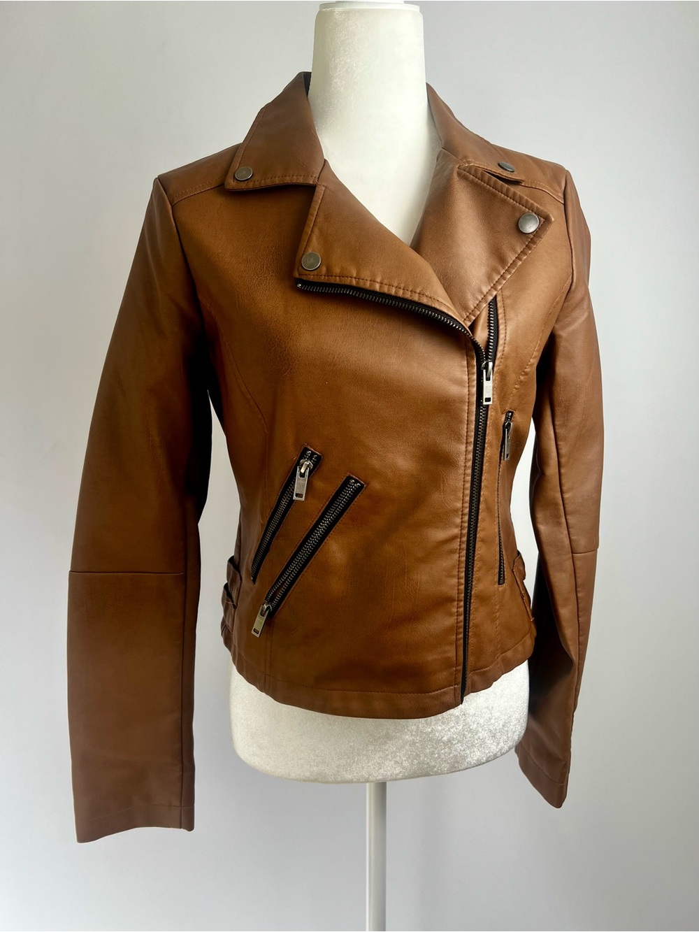 CoffeeShop New York Brown Faux Leather Moto Jacket Buckle Waist M
